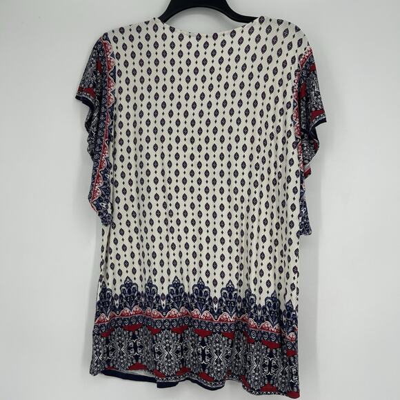 One World Boho Top Cream Blue Short Flutter Sleeve Mixed Pattern Split Neck Sz L - Picture 5 of 9